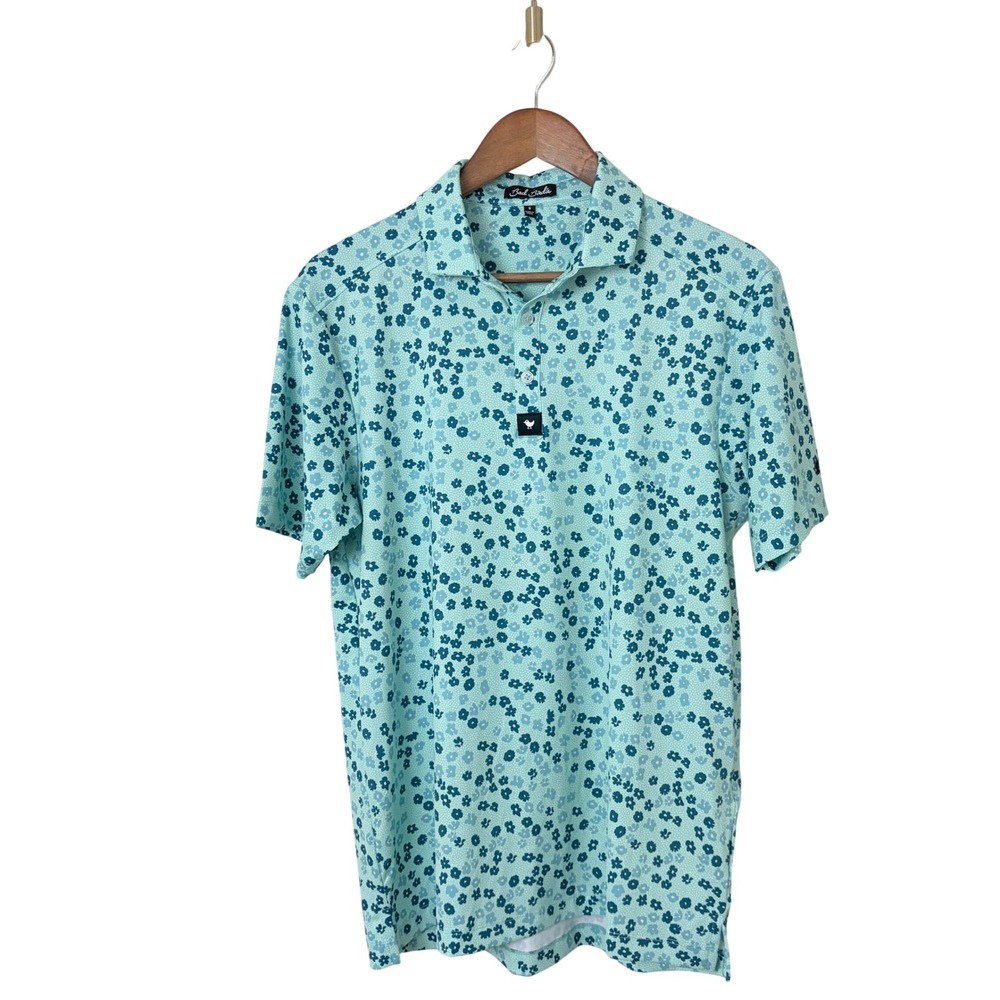 Bad Birdie Golf Polo Mens Small Teal Green Floral Print Performance Shirt - Picture 3 of 10